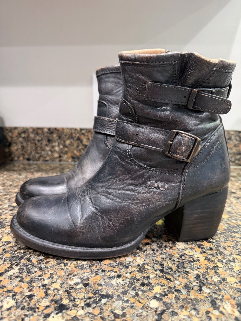 Womens Black Leather Ankle Boots with Buckle Strap